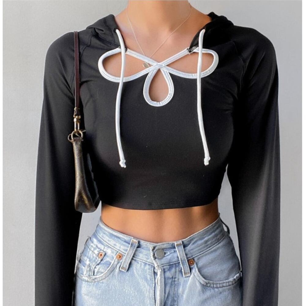Free People Movement Cutout Contrast Cropped Black White Hoodie Size S